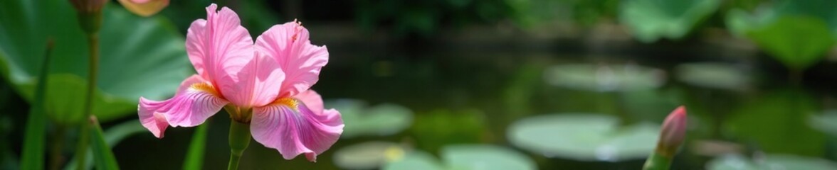 Pink iris flower with delicate white leaves in a garden pond, flowers, pond