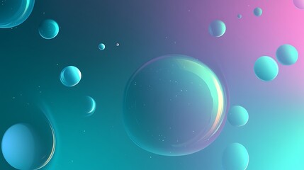 Floating iridescent bubbles gently drift across a vibrant teal and pink gradient; digital illustration, abstract style.. AI Generated