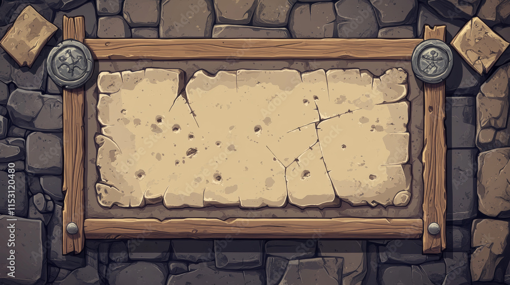 Poster stone frame and rock board game ui cartoon vector. medieval plaque and loading progress bar design t