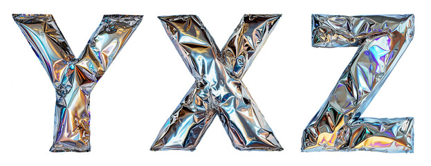 Metallic foil balloon letters from X to Z with holographic shine cut out on transparent background
