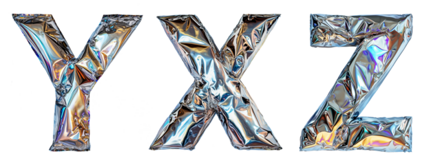 Metallic foil balloon letters from X to Z with holographic shine cut out on transparent background