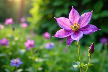 Purple flowering columbine Aquilegia vulgaris growing in a garden with other plants, flowers, stems