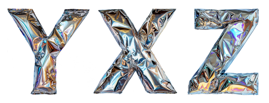 Metallic foil balloon letters from X to Z with holographic shine cut out on transparent background