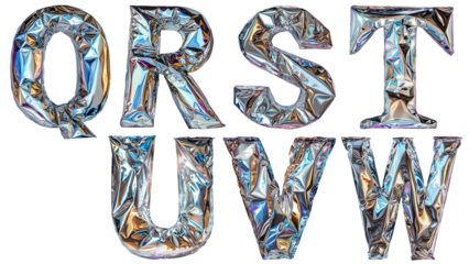 Metallic foil balloon letters from Q to W with holographic shine cut out on transparent background