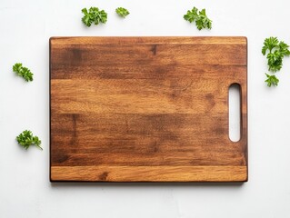 A Rustic Wooden Cutting Board with Fresh Parsley, Ideal for Culinary Creations and Kitchen Decor