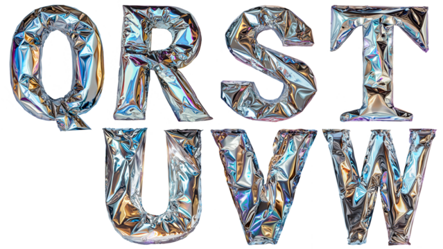 Metallic foil balloon letters from Q to W with holographic shine cut out on transparent background