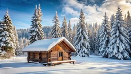 Winter Camp Scene with Snowy Trees and Cabin , wooden structure
