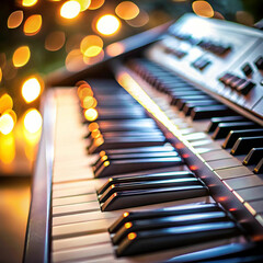 A close-up view of synthesizer keys, with a blurred