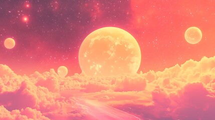 Fototapeta premium Dreamlike Digital Painting: Vibrant Planets Rise Over Surreal Cloudscape. AI Generated