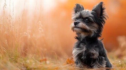 Naklejka premium A small dog sits in a field with autumn colors in the background, exuding a serene vibe.