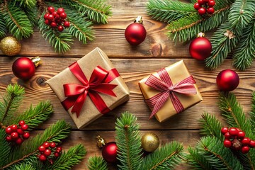 Festive Christmas Flat Lay: Gifts, Branches & Decorations on Wooden Table