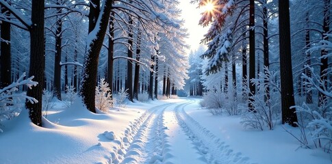 Naklejka premium Snow-covered forest path winding through trees, nature, landscape, snow