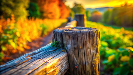 Fototapeta premium rustic wooden fence post surrounded by vibrant autumn foliage, capturing essence of nature beauty. warm sunlight enhances colors, creating serene atmosphere