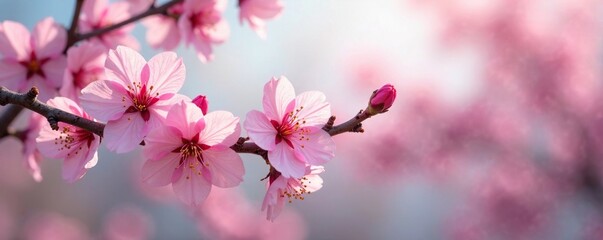 Fototapeta premium Soft pink blossoms sway gently on a delicate twig in the breeze, floral details, branches