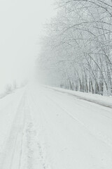 Obraz premium Winter road snowfall. An empty rural road without cars, covered with snowdrifts. Travel in bad weather. Winter cloudy landscape with a country road. Tracks of passing cars. The concept of winter magic