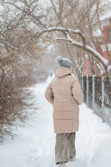Young woman walks in the park in nature in winter, enjoing winter day at snowy park. Winter concept. High quality photo.