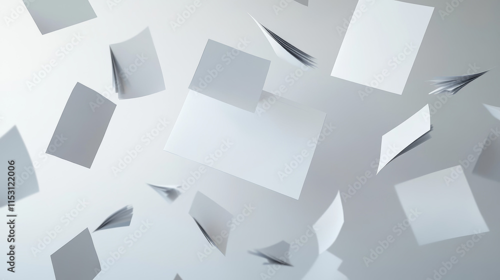 Poster 3d white fly paper sheet. fall isolated document. blank falling realistic letter set mockup. curl of