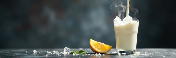 Steaming hot milk flows into a glass filled with ice, pouring, pouring liquid, milk