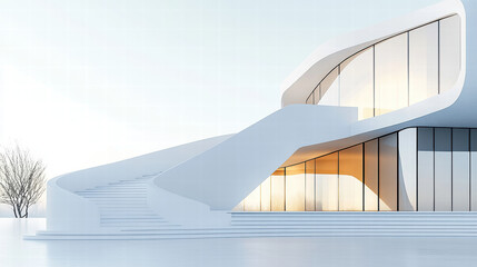 Fototapeta premium Modern white building with curved walls and stairs, exterior view, architectural rendering, minimalist style