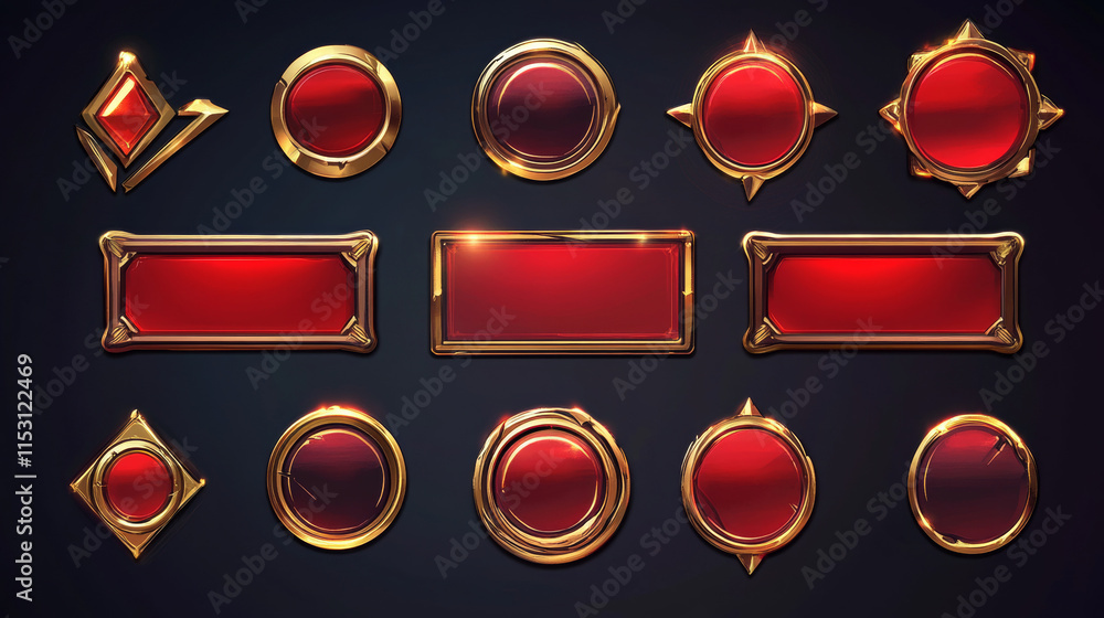 Aufkleber red ui vector button animation for game interface cartoon set. hover banner gold frame design isolat