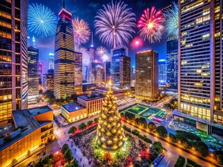 Obraz premium Festive Cityscape at Night: New Year's Eve Celebration Architecture