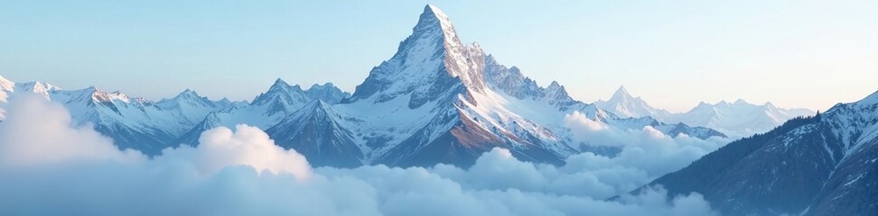 Fototapeta premium Towering mountain peak shrouded in mist and clouds, snowy landscape, misty mountains