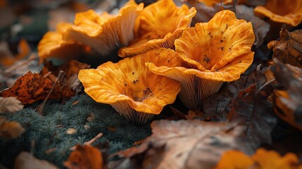 close-up of orange chanterelle mushrooms on forest floor