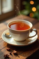 Warm golden tea fills teacup on wooden surface, teacup, warmth, cozy
