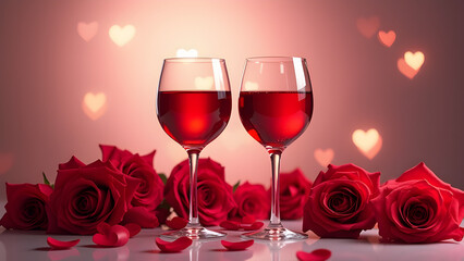 Couple wine glass elements for romantic date with full of red rose.