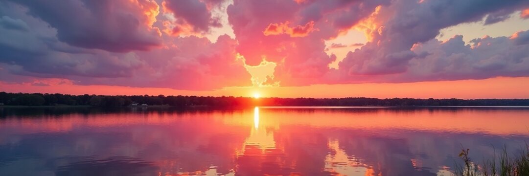 Warm orange hues fade into soft pink on a serene lake horizon at sunset, clouds, oklahoma