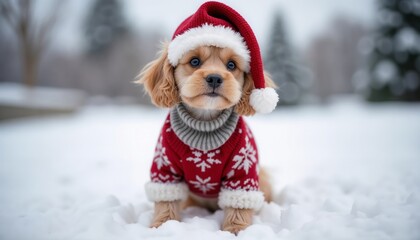 Puppy in Santa hat and snowflake sweater sitting on snowy ground.Winter warmth and festive cheer symbolized by a cozy puppy.Christmas cards, pet apparel ads, and holiday promotions.