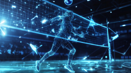 Obraz premium A hologram of volleyball. The volleyball player hits the ball of polygons, triangles of points and lines. Volleyball is a low-poly compound structure. Technology concept vector.