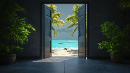 Open door reveals tropical beach scene.