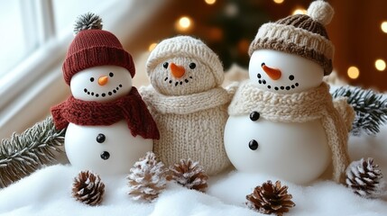 Three snowmen in winter hats and scarves.