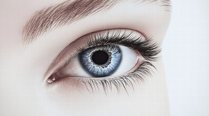 Close-up of a beautiful woman's blue eye with a contact lens, against a white background