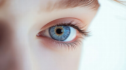 Close-up of a beautiful woman's blue eye with a contact lens, against a white background