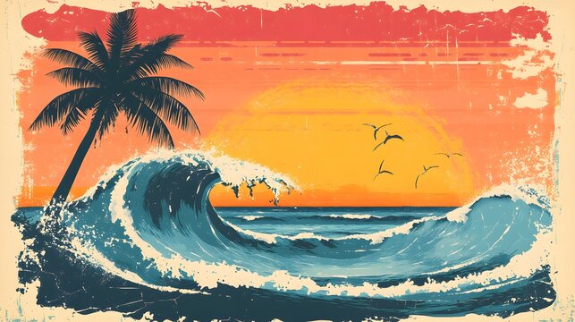 Ocean Wave Sunset Palm Tree Tropical Scene
