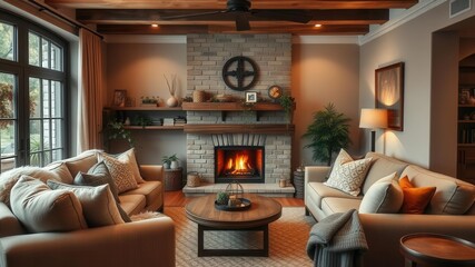 Cozy living room with warm tones, plush furniture, and a crackling fireplace, plush, comfort