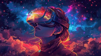 A person wearing a VR headset surrounded by an exciting digital universe
