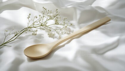Elegant Wooden Spoon Resting on White Fabric with Delicate White Flowers, Minimalist Still Life Photography