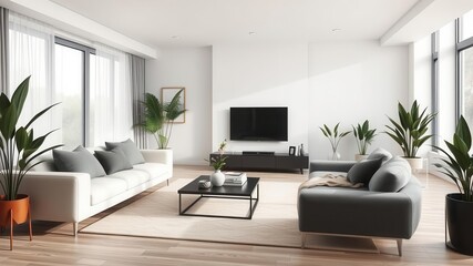 Fototapeta premium Modern and minimalistic living room with neutral color palette, sleek furniture, and decorative plants, sleek, contemporary