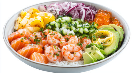 Poke bowl with flying rice and avocado, salmon fish and shrimp, onion and egg, cheese and tomato, seaweeds and salad. Cartoon vector set of traditional Hawaiian meal seafood and vegetables ingredients