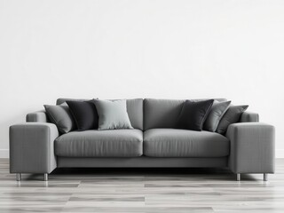 Modern gray sofa with throw pillows, cushions, interior design