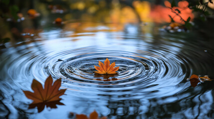 Calm ripples on the water with maple leaves, autumn mood wallpaper