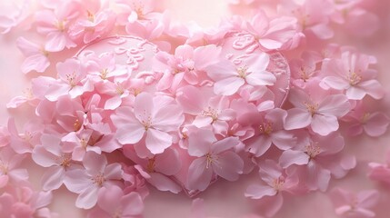 illustration heart with floral embroidery patterns in soft tones of blush and cream on a textured background 