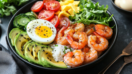 Poke bowl with flying rice and avocado, salmon fish and shrimp, onion and egg, cheese and tomato, seaweeds and salad. Cartoon vector set of traditional Hawaiian meal seafood and vegetables ingredients