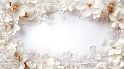 white flowers and lace frame design for wedding card or wallpaper