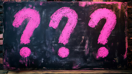 Three pink question marks on a chalkboard