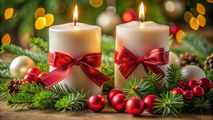 Festive White Candles with Red Bow & Christmas Decorations - Macro Photography