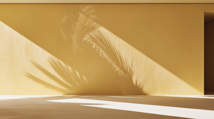 Minimal empty placement background with palm shadow on yellow plaster wall. Luxury summer architecture interior aesthetic